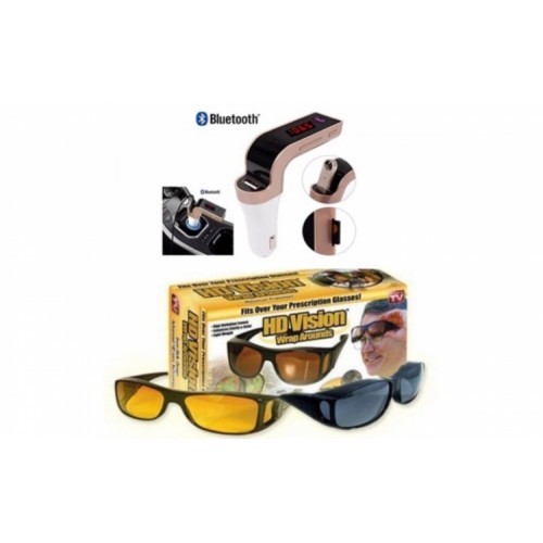 Set Car Kit Bluetooth HandsFree - Modulator FM, cu USB + Set 2 perechi ochelari de condus - de zi si noapte